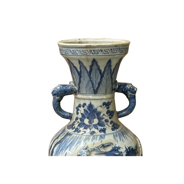 Chinese Oriental Distressed White Blue Relief People Motif Porcelain Art Vase For Sale - Image 3 of 15