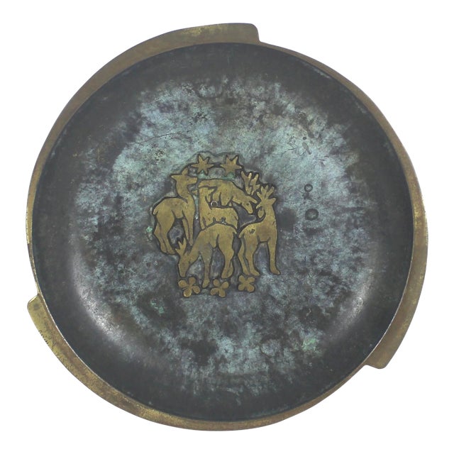 Mid Century Modern Verdigris Brass Plate With Deer For Sale