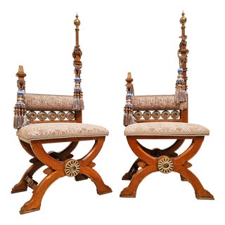 Vintage Renaissance Revival Carved Oak Chairs with Liberty Damask and Regal Tassels, 1970s, Set of 2 For Sale