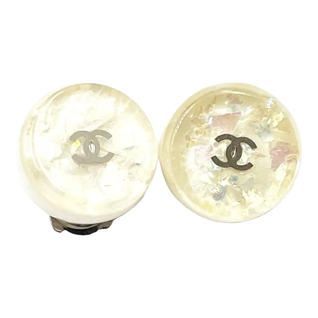 Chanel Vintage Silver CC Ivory Resin Glitter Clip on Earrings - 2 Pieces For Sale