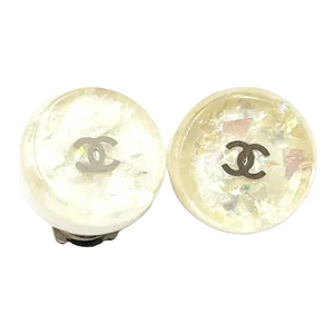 Chanel Vintage Silver CC Ivory Resin Glitter Clip on Earrings - 2 Pieces