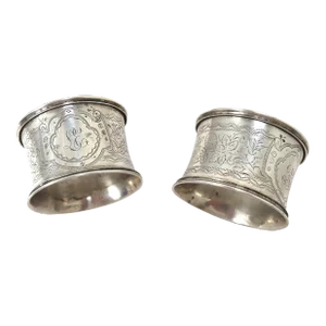 Matched Pair of Large Antique Victorian American Coin Silver Wedding Set Napkin Rings