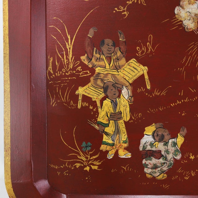 Vintage Red Lacquer Rectangular Tray With Hand Painted Gold Asian Festival Scene and Chinoiserie Style For Sale - Image 9 of 13