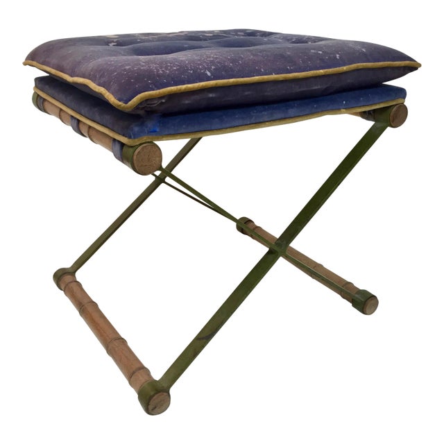 1970s Faux Bamboo & Steel Upholstered X Stool For Sale