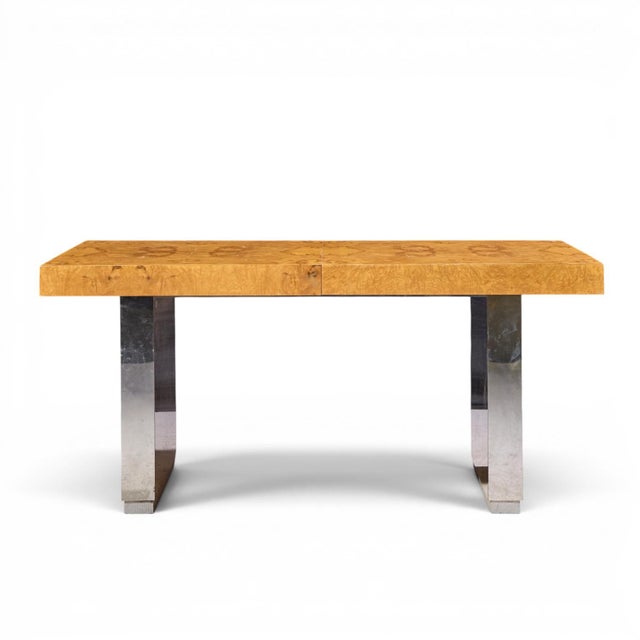 Wood Roger Sprunger for Dunbar Mid Century Burlwood and Chrome Expanding Dining Table With 2 Leaves For Sale - Image 7 of 13