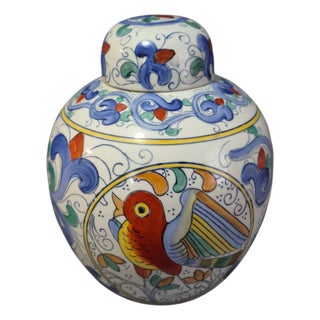 Vintage Asian Hand Painted Porcelain Chinoiserie Ginger Jar Bird Motif Marked For Sale