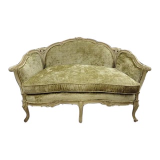 French Provincial Green Velvet Loveseat Settee With Painted Wood Frame For Sale