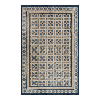 Antique Ningxia Rug in Beige-Brown and Blue Floral Patterns, From Rug & Kilim For Sale