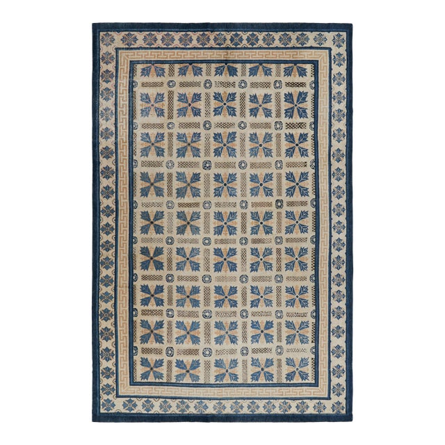 Antique Ningxia Rug in Beige-Brown and Blue Floral Patterns, From Rug & Kilim For Sale