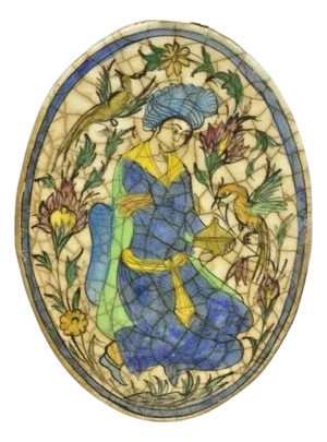 Antique Persian Iznik Qajar Style Ceramic Pottery Oval Tile Figure With Bird C3
