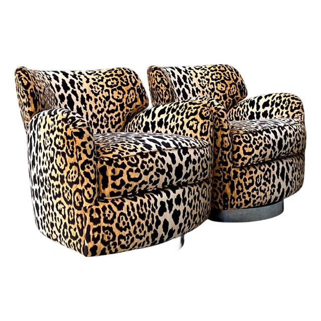 Vintage Leopard Print Velvet Swivel Chairs - A Pair For Sale