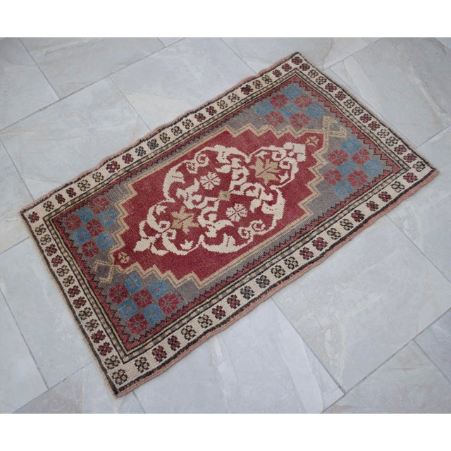 Distressed Low Pile Turkish Yastik Petite Rug Hand Knotted Faded Mat - 24″ X 41″ For Sale - Image 9 of 12