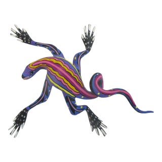 Oaxacan Alebrije Lizard Colorful Mexican Folk Art Wood Carving Figure Sculpture For Sale