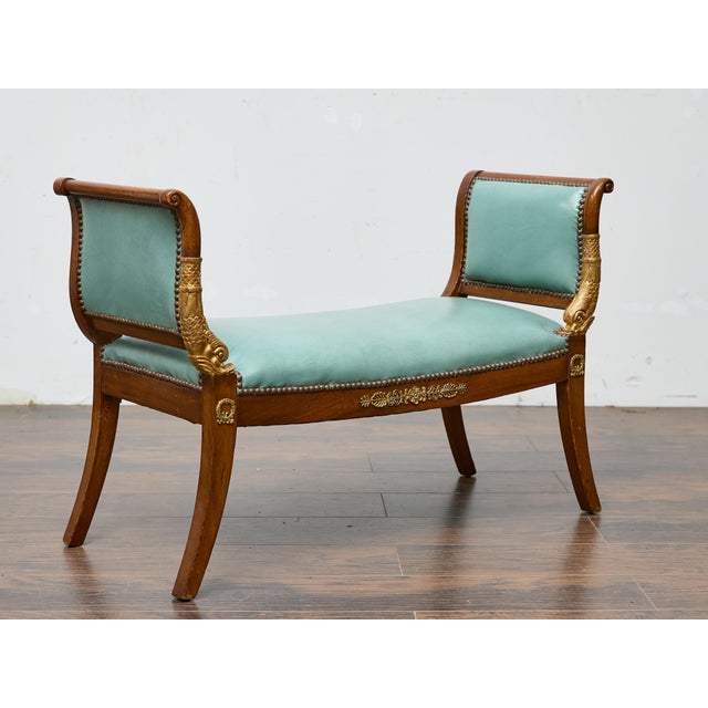 Wood English Regency Mahogany Leather Bench with Gilt Dolphin Armrests For Sale - Image 7 of 12