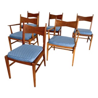 Mid-Century Modern Tuxedo Walnut Dining Chairs, Attributed to Lane, Set of 6 For Sale