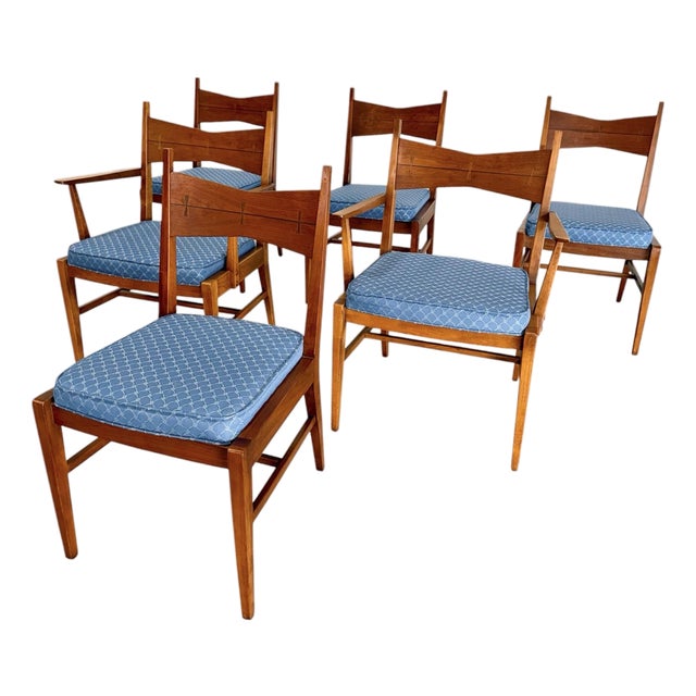 Mid-Century Modern Tuxedo Walnut Dining Chairs, Attributed to Lane, Set of 6 For Sale