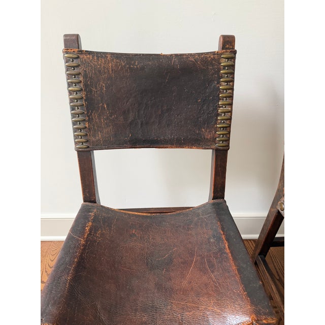 Early 20th Century Spanish Baroque Revival Oak and Leather Side Chairs, a Pair For Sale - Image 13 of 14