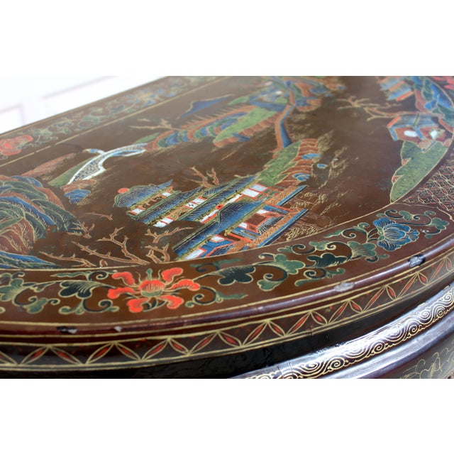 Antique 19th Century Chinese Brown Lacquer Demi-Lune Console Table | Hand-Painted Gilt Decor For Sale - Image 15 of 17