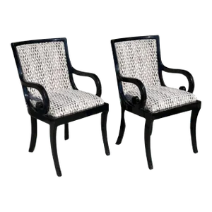 Pair of Donghia Black Lacquered Designer Arm Chairs W Silk Velvet Seats