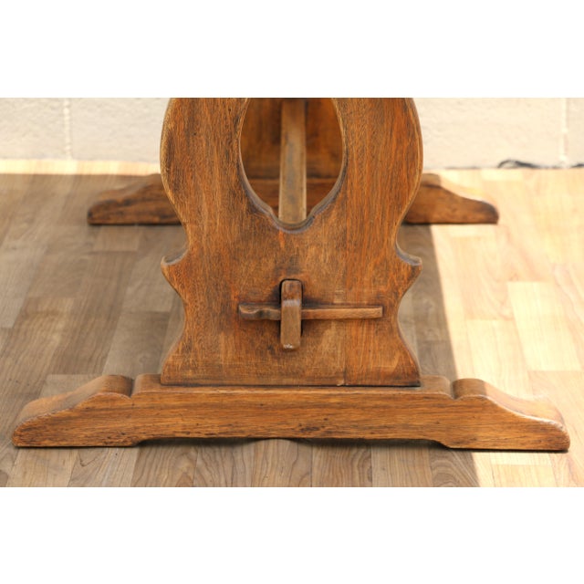 Antique American Oak & Cherry Trestle Dining Table, c.1930s | Rustic Farmhouse Kitchen Table With Solid Wood Construction For Sale - Image 11 of 18