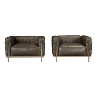 Early Year Grey Leather 'Lc3' Club Chairs by Le Corbusier for Cassina, Signed For Sale