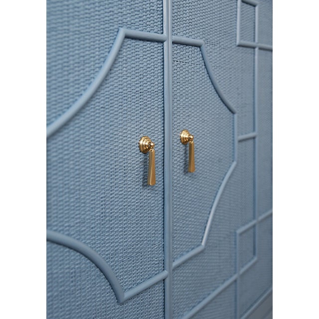 Cornflower Blue Matthew Izzo Home Isabel Capri Blue Greek Key Design Rattan Overlay With Brass Accents For Sale - Image 8 of 8