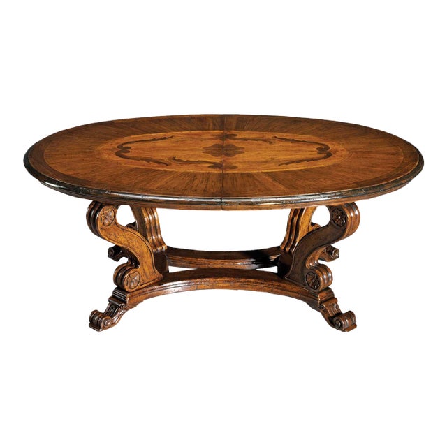 Walnut Oval Dining Table With Inlaid Top and Carved Pedestal Base For Sale