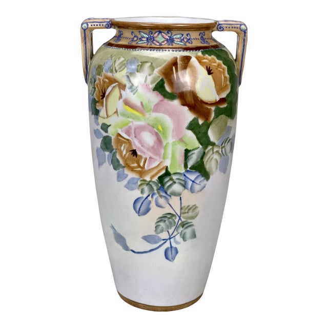 Vintage Japanese Porcelain Art Deco Floral Motif Moriage Handle Urn Vase For Sale