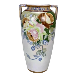 Vintage Japanese Porcelain Art Deco Floral Motif Moriage Handle Urn Vase