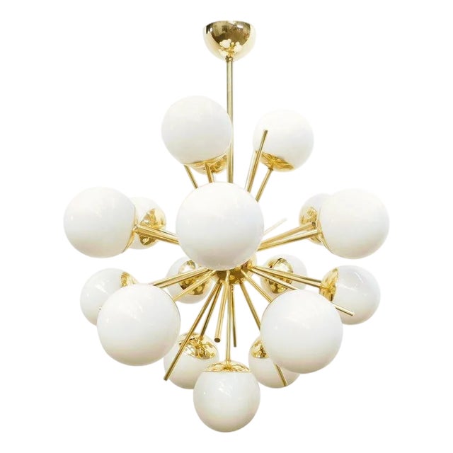 21st Century Diciotto Polished Brass Glossy White Murano Sputnik Chandelier by Fabio LTD For Sale