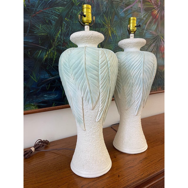Vintage Sculptural Plaster Leaf Relief Table Lamps, Textured White Organic Modern Hollywood Regency 23.5” - A Pair For Sale - Image 4 of 12