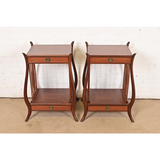 An exceptional pair of French Regency Louis XVI style nightstands or occasional side tables By Maslow Freen USA, Circa...
