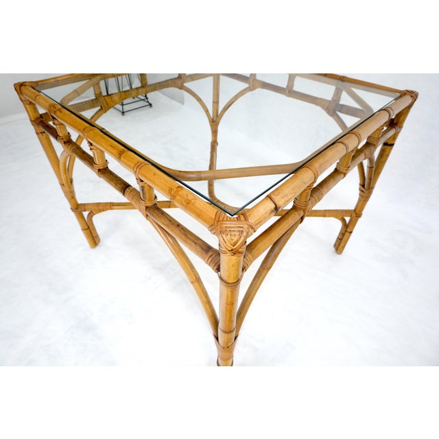 Mid-Century Modern Glass Top 34" Square Mid Century Modern Burnt Bamboo Game Dinette Table MINT For Sale - Image 3 of 17