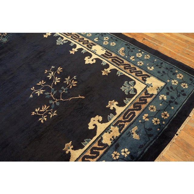 1920s Classic Greek Key Antique Peking Large Room Size Wool Blue Navy Rug For Sale - Image 10 of 11