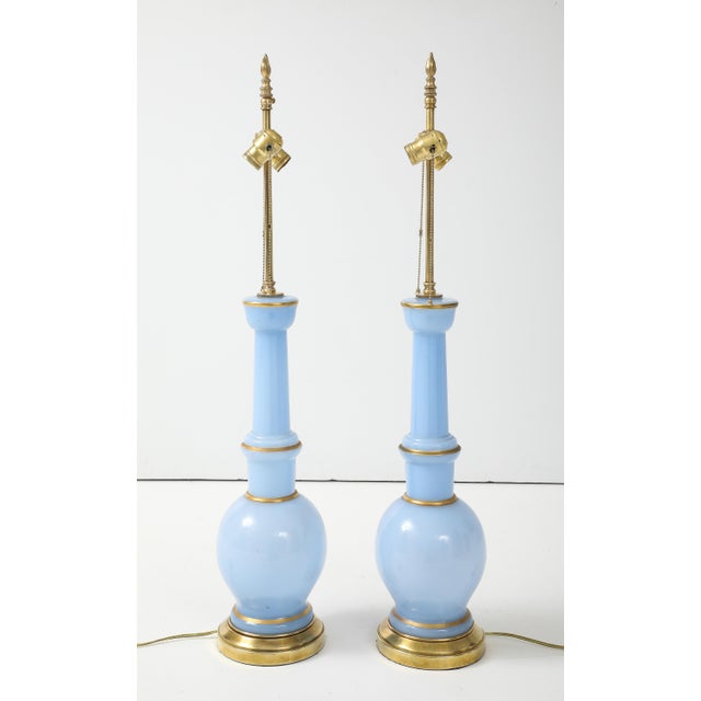 1950's mid-century modern blue glass with gold detail and brass table lamps by Warren Kessler, fully restored and rewired...