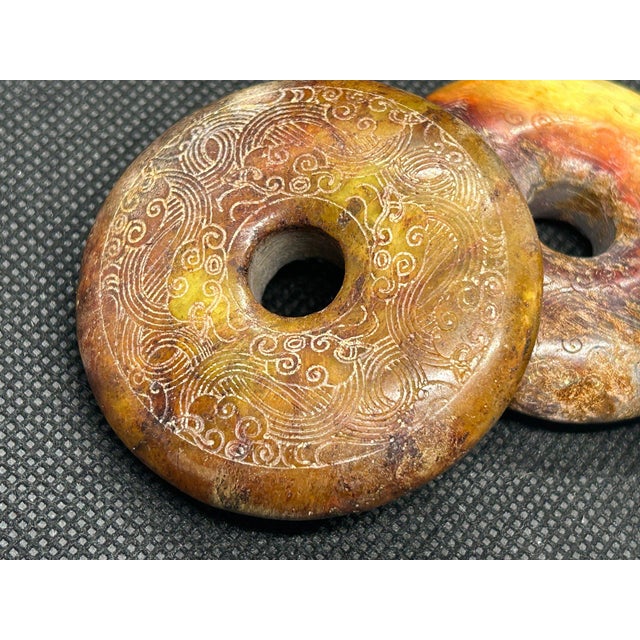 Gemstone Trio of Finely Carved Chinese "Hongshan Style" Jade Bi Disc Pendants For Sale - Image 7 of 9