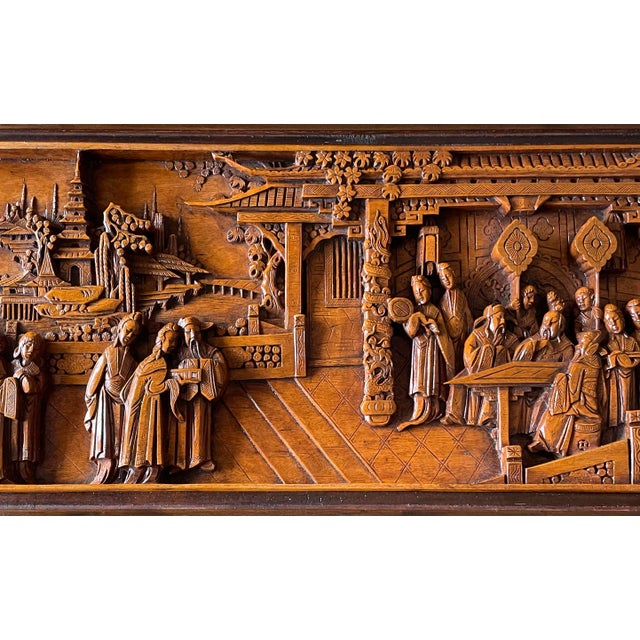 Mid 20th Century Monumental Hand-Carved Asian Narrative Coffee Table With Pagodas, Figures & Original Glass Top For Sale - Image 9 of 11