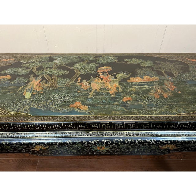 Wood Vintage Chinese Console Table Black Lacquer Chinoiserie Gilt Hand Painted C1950 For Sale - Image 7 of 18