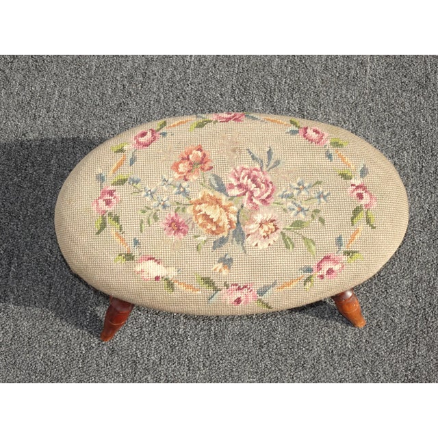 1950s Vintage French Country Tan Needlepoint Floral Tapestry on Oak Turned Legs For Sale - Image 5 of 13