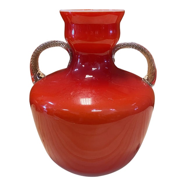 1960's Opalina Fiorentina Red Glass Vase, Made in Italy For Sale