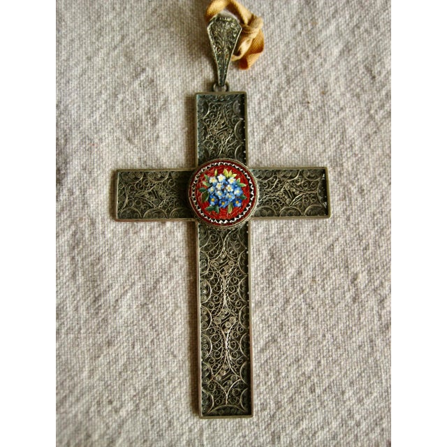 19th Century Micro Mosaic Italian Filigree Silver Cross For Sale - Image 4 of 7