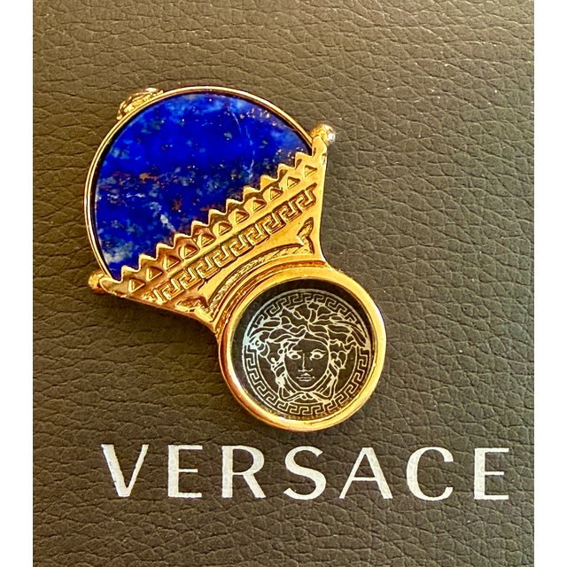 Retro Versace Lapis Lazuli Domed Ring With Medusa Logo and Greek Key Detail, Size 8 For Sale - Image 17 of 17