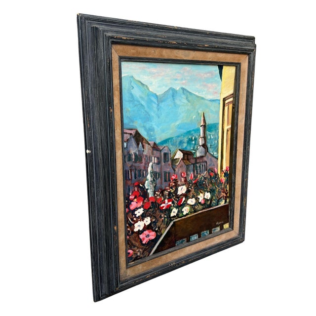 Original signed oil painting capturing a sun-drenched view from a flower-filled balcony overlooking a European mountain...