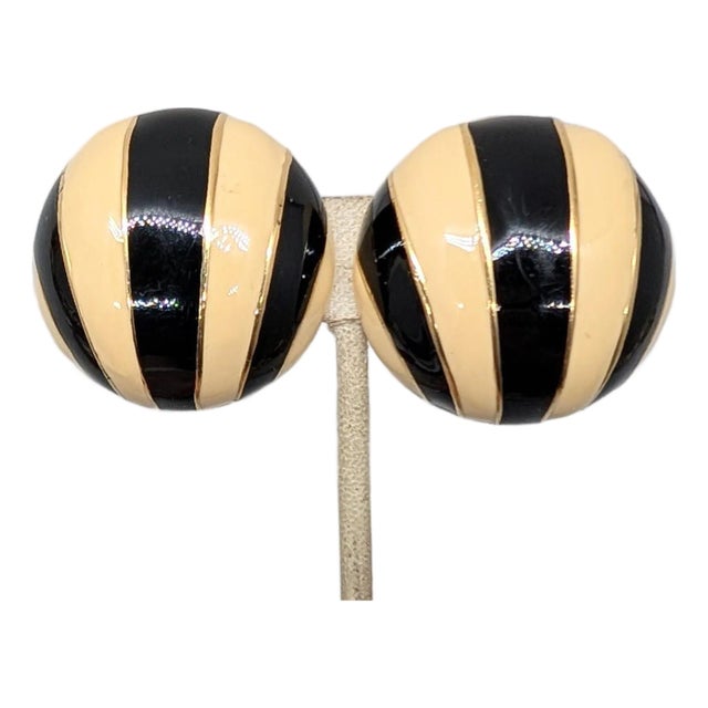 Vintage 1980s Signed Ciner Goldtone Black & Ivory Enamel Striped Clip Earrings-2 Pieces For Sale