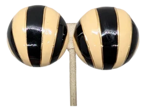 Vintage 1980s Signed Ciner Goldtone Black & Ivory Enamel Striped Clip Earrings-2 Pieces