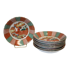1980s Arita Imari Peacock Porcelain Gold Rimmed Soup Bowls- Set of 8