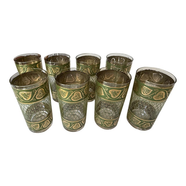 1960s Mid-Century Modern Culver Green/Gold Glassware - Set of 8 For Sale