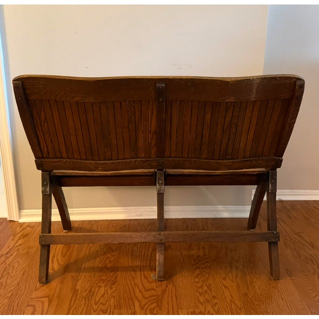 1910s Antique Oak Double Seat Folding Bench by Brunswick Seating Works Inc., Lawrenceville Va For Sale - Image 5 of 7