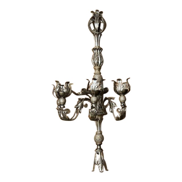 Large Vintage Ornate Metal Wall Candelabra, European Hollywood Regency Style For Sale