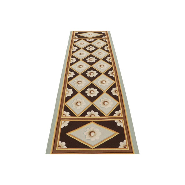 Transitional 2010s Rug & Kilim’s 18th Century Aubusson Style Flatweave Runner in Brown and Blue With White Floral Patterns For Sale - Image 3 of 7